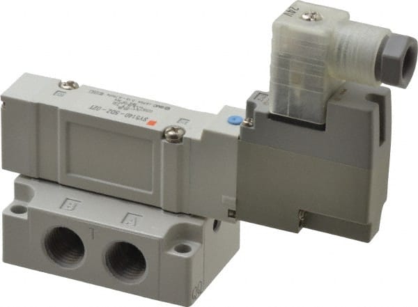 SMC PNEUMATICS - 0.7 CV Flow Rate, Single Solenoid Pilot Operated Valve - 5 Port, 2 Position, Spring Return, 1/4" NPT Inlet, 24 V - Exact Tooling