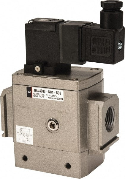 SMC PNEUMATICS - 1/2" Female NPT x 1/8" Gage Port Soft Start-Up Valve - 24V, DC Input, DIN Electrical Entry & 30 to 150 psi - Exact Tooling
