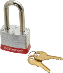 Master Lock - Keyed Different Retaining Key Conductive Lockout Padlock - 1-1/2" Shackle Clearance, 9/32" Shackle Diam, 1-1/4" Body Height x 1-9/16" Body Width, Red, 4 Pins - Exact Tooling