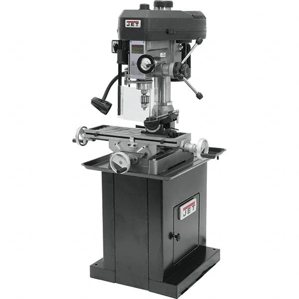 Jet - 1 Phase, 14-1/2" Swing, Step Pulley Mill Drill Machine - 23" Table Length x 7-1/2" Table Width, 14" Longitudinal Travel, 5-1/2" Cross Travel, 12 Spindle Speeds, 1 hp, 115/230 Volts - Exact Tooling