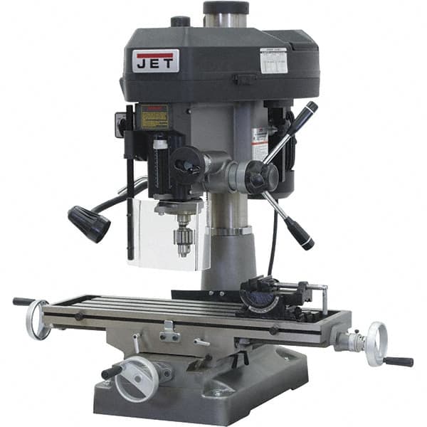 Jet - 1 Phase, 15-7/8" Swing, Step Pulley Mill Drill Machine - 31-3/4" Table Length x 9-1/2" Table Width, 20-1/2" Longitudinal Travel, 7" Cross Travel, 12 Spindle Speeds, 2 hp, 230 Volts - Exact Tooling