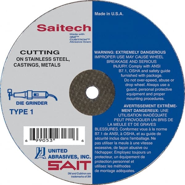 Sait - 3" Aluminum Oxide Cutoff Wheel - 1/16" Thick, 1/4" Arbor, 25,000 Max RPM, Use with Die Grinders - Exact Tooling
