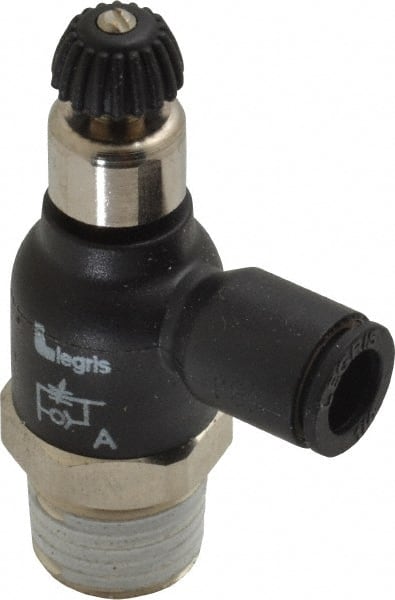 Legris - 1/4" Tube OD x 1/4 Male NPT Compact Meter Out Flow Control Valve - 14.5 to 145 psi, Nylon - Exact Tooling