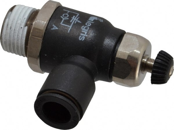 Legris - 3/8" Tube OD x 3/8 Male NPT Compact Meter Out Flow Control Valve - 14.5 to 145 psi, Nylon - Exact Tooling
