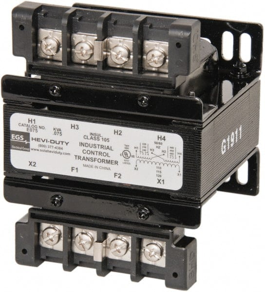 Sola/Hevi-Duty - 1 Phase, 0.08 kVA, Control Transformer - 2 Input, 1 Output Winding, 60, 50/60 at 220 V x 440 V, 50/60 at 230 V x 460 V Hz, 4.36 Inch Deep x 2.96 Inch High, 131°F Temp Rise - Exact Tooling