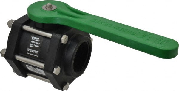 Green Leaf - 2" Pipe, Full Port, Polypropylene Standard Ball Valve - 3 Piece, Inline - One Way Flow, FNPT x FNPT Ends, Lever Handle, 100 WOG - Exact Tooling
