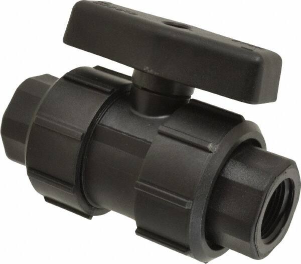 Green Leaf - 3/4" Pipe, Full Port, Polypropylene True Union Design Ball Valve - Inline - One Way Flow, FNPT x FNPT Ends, Tee Handle, 125 WOG - Exact Tooling