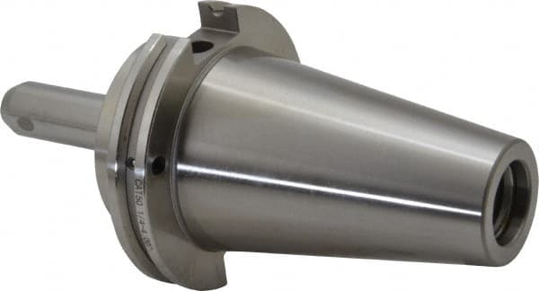 Accupro - CAT50 Taper Shank 1/4" Hole End Mill Holder/Adapter - 20mm Nose Diam, 4" Projection, 1-8 Drawbar, Through-Spindle & DIN Flange Coolant - Exact Tooling