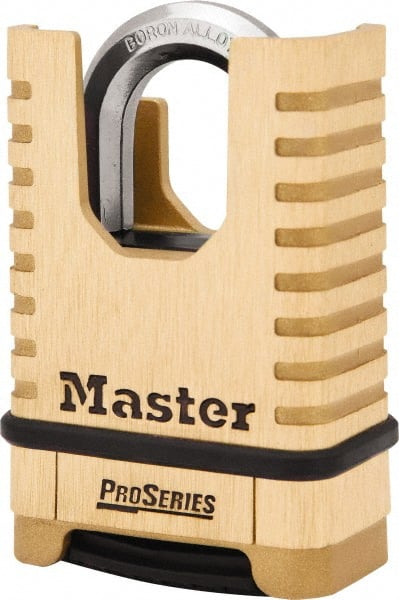 Master Lock - 2-1/4" Body Width x 3-1/2" Body Height, 1-1/16" Shackle Clearance, Brass Finish Combination Lock - 3/8" Shackle Diam, 15/16" Shackle Width, Set Your Own 4 Digit Combination - Exact Tooling