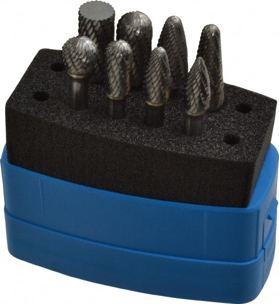 Made in USA - 8 Piece, 1/4" Shank Burr Set - Solid Carbide, Multiple Head Shapes, 14° Included Angle - Exact Tooling