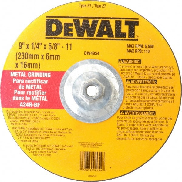 DeWALT - 24 Grit, 9" Wheel Diam, 1/4" Wheel Thickness, Type 27 Depressed Center Wheel - Aluminum Oxide, R Hardness, 6,600 Max RPM, Compatible with Angle Grinder - Exact Tooling
