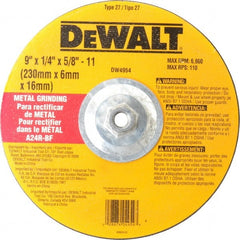 DeWALT - 24 Grit, 9" Wheel Diam, 1/4" Wheel Thickness, Type 27 Depressed Center Wheel - Aluminum Oxide, R Hardness, 6,600 Max RPM, Compatible with Angle Grinder - Exact Tooling