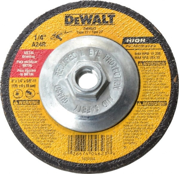 DeWALT - 24 Grit, 5" Wheel Diam, 1/4" Wheel Thickness, Type 27 Depressed Center Wheel - Aluminum Oxide, R Hardness, 12,200 Max RPM, Compatible with Angle Grinder - Exact Tooling