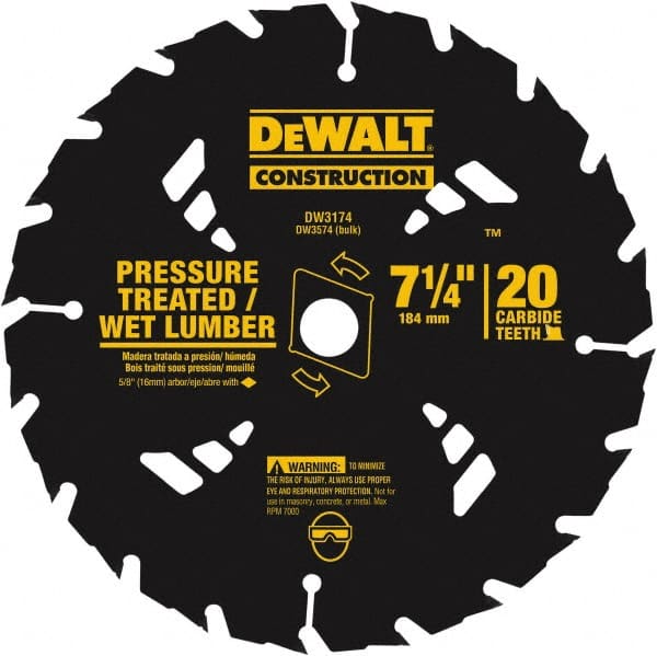 DeWALT - 7-1/4" Diam, 20 Tooth Wet & Dry Cut Saw Blade - Tungsten Carbide-Tipped, Standard Round Arbor - Exact Tooling