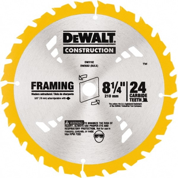 DeWALT - 8-1/4" Diam, 5/8" Arbor Hole Diam, 24 Tooth Wet & Dry Cut Saw Blade - Tungsten Carbide-Tipped, Smooth Action, Diamond Arbor - Exact Tooling