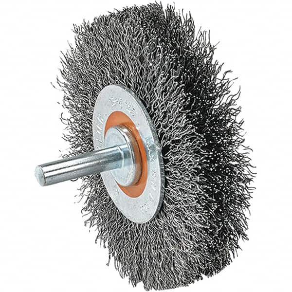 WALTER Surface Technologies - 2" OD, 1/4" Shank Diam, Crimped Steel Wheel Brush - 5/8" Face Width, 0.0118" Filament Diam, 25,000 RPM - Exact Tooling
