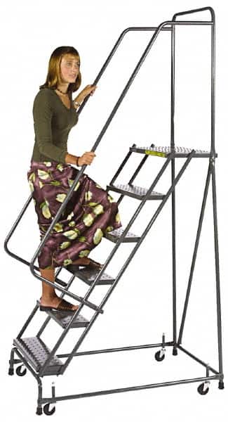 Ballymore - 103" 7 Step Ladder - Spring Loaded Rolling Safety Ladder, 450 Lb Capacity, 70" Platform Height, 30" Base Width x 56" Base Depth, Perforated Tread - Exact Tooling