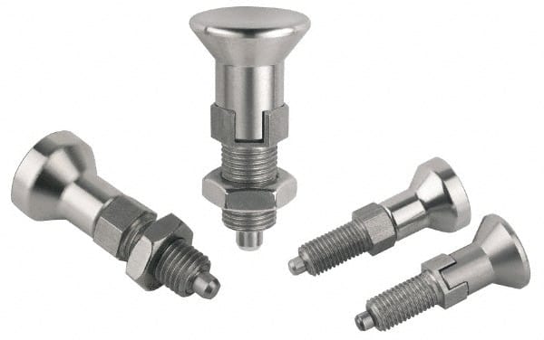 Gibraltar - M10x1, 15mm Thread Length, 5mm Plunger Diam, Lockout Knob Handle Indexing Plunger - Plunger Style B, 17mm Body Length, 50mm OAL, Stainless Steel - Exact Tooling