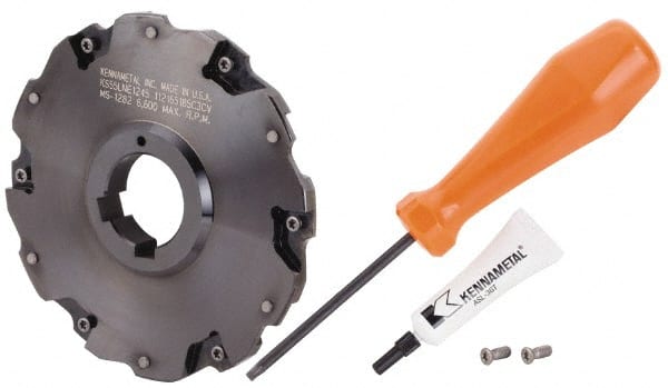 Kennametal - Arbor Hole Connection, 5/16" Cutting Width, 1.435" Depth of Cut, 5" Cutter Diam, 1-1/4" Hole Diam, 6 Tooth Indexable Slotting Cutter - 90° LN Toolholder, LNE 1245... Insert - Exact Tooling