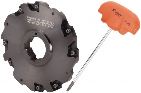 Kennametal - Arbor Hole Connection, 3/8" Cutting Width, 1.466" Depth of Cut, 5" Cutter Diam, 1-1/4" Hole Diam, 4 Tooth Indexable Slotting Cutter - 90° LN Toolholder, LNE 1245... Insert - Exact Tooling