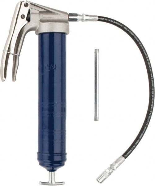 Lincoln - 7,500 Max psi, Flexible Pistol Grease Gun - 14-1 & 2 oz (Cartridge) & 16 oz (Bulk) Capacity, 1/8 Thread Outlet, 39 Strokes per oz, Bulk & Cartridge Fill, Includes 6" Straight Pipe & Coupler - Exact Tooling
