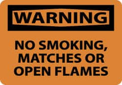 NMC - "Warning - No Smoking, Matches or Open Flames", 10" Long x 14" Wide, Pressure-Sensitive Vinyl Safety Sign - Rectangle, 0.004" Thick, Use for Accident Prevention - Exact Tooling