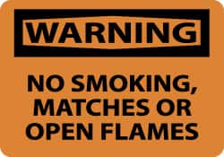 NMC - "Warning - No Smoking, Matches or Open Flames", 7" Long x 10" Wide, Pressure-Sensitive Vinyl Safety Sign - Rectangle, 0.004" Thick, Use for Accident Prevention - Exact Tooling