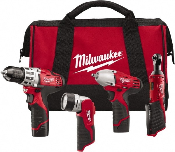Milwaukee Tool - 12 Volt Cordless Tool Combination Kit - Includes 3/8" Square Drive Impact Wrench, 3/8" Drill/Driver, Work Light & 1/4" Ratchet, Lithium-Ion Battery Included - Exact Tooling