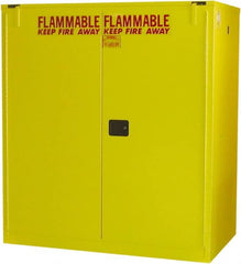 Securall Cabinets - 56" Wide x 31" Deep x 67" High, 18 Gauge Steel Vertical Drum Cabinet with 3 Point Key Lock - Yellow, Self-Closing Door, 1 Shelf, 2 Drums, Drum Rollers Included - Exact Tooling