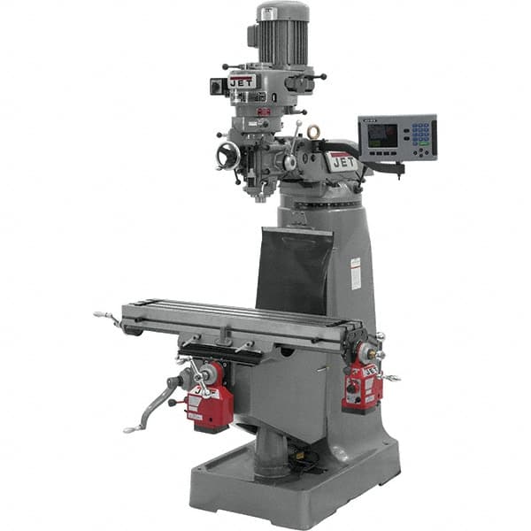 Jet - 9" Table Width x 42" Table Length, Step Pulley Control, 3 Phase Knee Milling Machine - R8 Spindle Taper, 2 hp - Exact Tooling