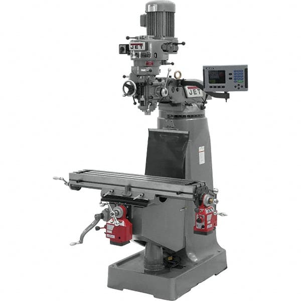 Jet - 9" Table Width x 42" Table Length, Step Pulley Control, 1 Phase Knee Milling Machine - R8 Spindle Taper, 2 hp - Exact Tooling