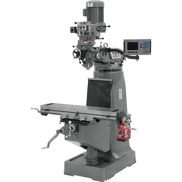 Jet - 9" Table Width x 42" Table Length, Step Pulley Control, 1 Phase Knee Milling Machine - R8 Spindle Taper - Exact Tooling