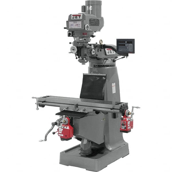 Jet - 9" Table Width x 42" Table Length, Variable Speed Pulley Control, 3 Phase Knee Milling Machine - R8 Spindle Taper, 3 hp - Exact Tooling