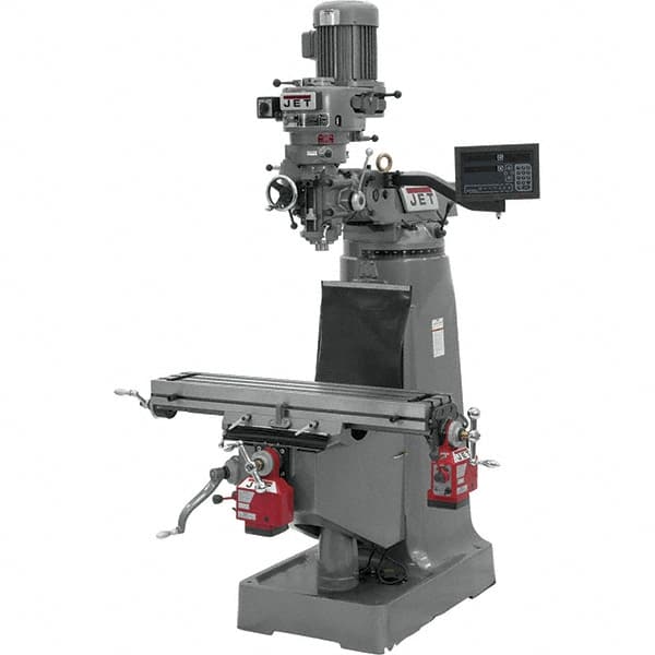Jet - 9" Table Width x 42" Table Length, Step Pulley Control, 1 Phase Knee Milling Machine - R8 Spindle Taper, 2 hp - Exact Tooling