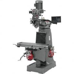 Jet - 9" Table Width x 42" Table Length, Step Pulley Control, 1 Phase Knee Milling Machine - R8 Spindle Taper, 2 hp - Exact Tooling