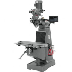 Jet - 9" Table Width x 42" Table Length, Step Pulley Control, 1 Phase Knee Milling Machine - R8 Spindle Taper, 2 hp - Exact Tooling