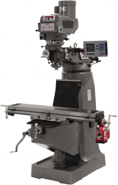 Jet - 9" Table Width x 49" Table Length, Variable Speed Pulley Control, 3 Phase Knee Milling Machine - R8 Spindle Taper - Exact Tooling