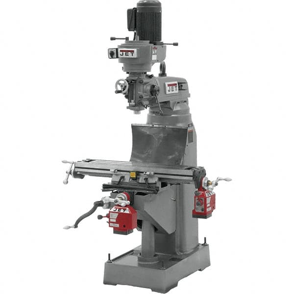 Jet - 7-7/8" Table Width x 35-3/4" Table Length, Step Pulley Control, 1 Phase Knee Milling Machine - R8 Spindle Taper, 1-1/2 hp - Exact Tooling