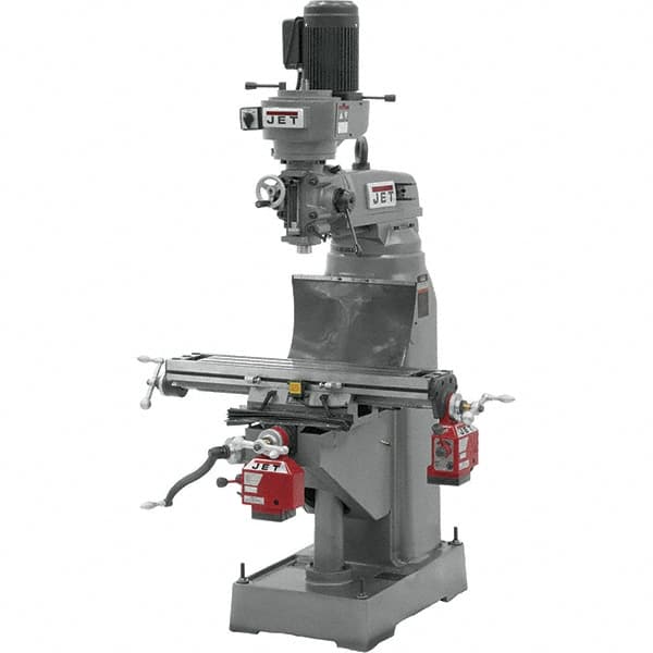 Jet - 7-7/8" Table Width x 35-3/4" Table Length, Step Pulley Control, 3 Phase Knee Milling Machine - R8 Spindle Taper, 1-1/2 hp - Exact Tooling