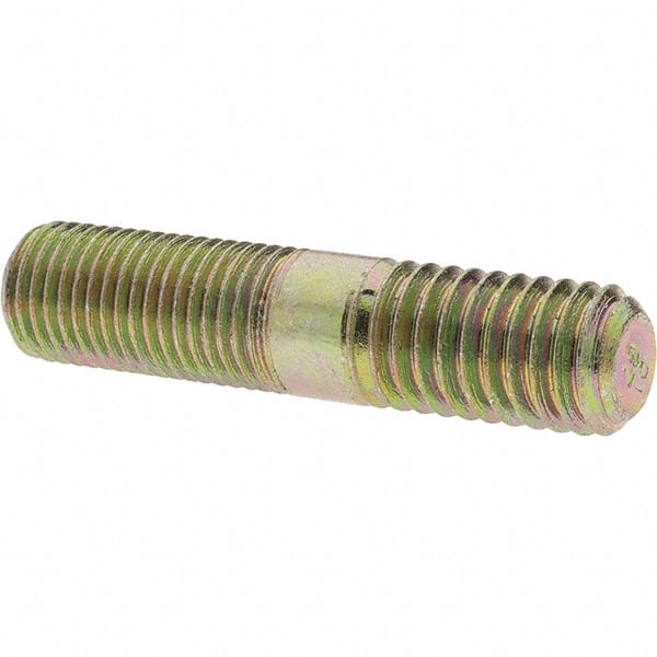 Value Collection - 7/16-20 Long Thread, 7/16-14 Short Thread, 2" OAL Unequal Double Threaded Stud - Alloy Steel, Zinc Yellow Dichromate Finish, 15/16" Long Thread Length, 3/4" Short Thread Length - Exact Tooling