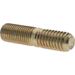 Value Collection - 7/16-20 Long Thread, 7/16-14 Short Thread, 1-3/4" OAL Unequal Double Threaded Stud - Alloy Steel, Zinc Yellow Dichromate Finish, 7/8" Long Thread Length, 3/4" Short Thread Length - Exact Tooling