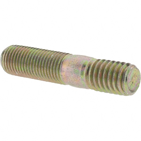 Value Collection - 3/8-24 Long Thread, 3/8-16 Short Thread, 1-3/4" OAL Unequal Double Threaded Stud - Alloy Steel, Zinc Yellow Dichromate Finish, 1" Long Thread Length, 9/16" Short Thread Length - Exact Tooling