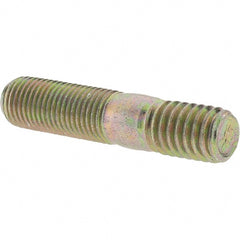 Value Collection - 3/8-24 Long Thread, 3/8-16 Short Thread, 1-3/4" OAL Unequal Double Threaded Stud - Alloy Steel, Zinc Yellow Dichromate Finish, 1" Long Thread Length, 9/16" Short Thread Length - Exact Tooling
