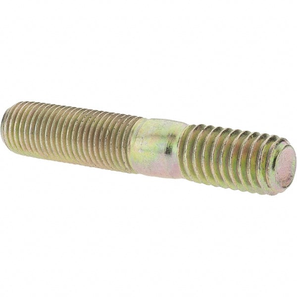 Value Collection - 3/8-24 Long Thread, 3/8-16 Short Thread, 2" OAL Unequal Double Threaded Stud - Alloy Steel, Zinc Yellow Dichromate Finish, 1-1/16" Long Thread Length, 5/8" Short Thread Length - Exact Tooling