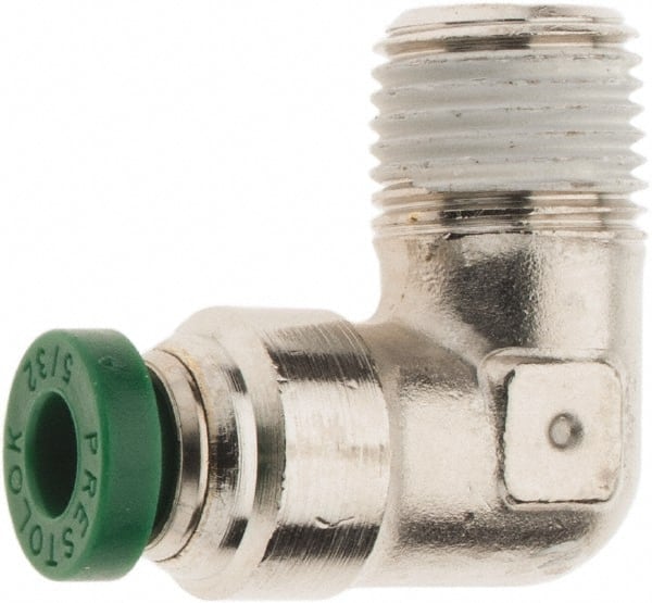 Parker - 5/32" Outside Diam, 1/8 NPTF, Nickel Plated Brass Push-to-Connect Tube Male Elbow - 300 Max psi, Tube to Male NPT Connection, Nitrile O-Ring - Exact Tooling