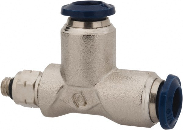 Value Collection - 1/4" Outside Diam, 10-32 Universal, Nickel Plated Brass Push-to-Connect Tube Male Swivel Run Tee - 250 Max psi, Tube to Universal Thread Connection, Buna O-Ring - Exact Tooling