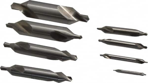 Chicago-Latrobe - 8 Piece, #1 to 8, 1/8 to 3/4" Body Diam, 3/64 to 5/16" Point Diam, Plain Edge, High Speed Steel Combo Drill & Countersink Set - 60° Incl Angle, 1/8 to 3-1/2" OAL, Double End, 217 Series Compatibility - Exact Tooling