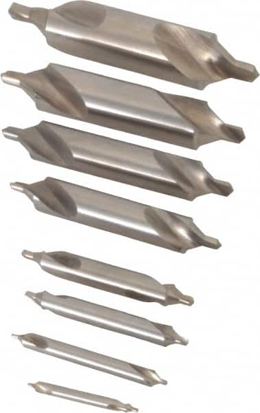 Chicago-Latrobe - 8 Piece, #11 to 18, 1/8 to 3/4" Body Diam, 3/64 to 1/4" Point Diam, Bell Edge, High Speed Steel Combo Drill & Countersink Set - 60° Incl Angle, 1/8 to 3-1/2" OAL, Double End, 217B Series Compatibility - Exact Tooling