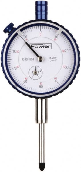 Fowler - 1" Range, 0-100 Dial Reading, 0.001" Graduation Dial Drop Indicator - 2-1/4" Dial, 0.1" Range per Revolution, Revolution Counter - Exact Tooling