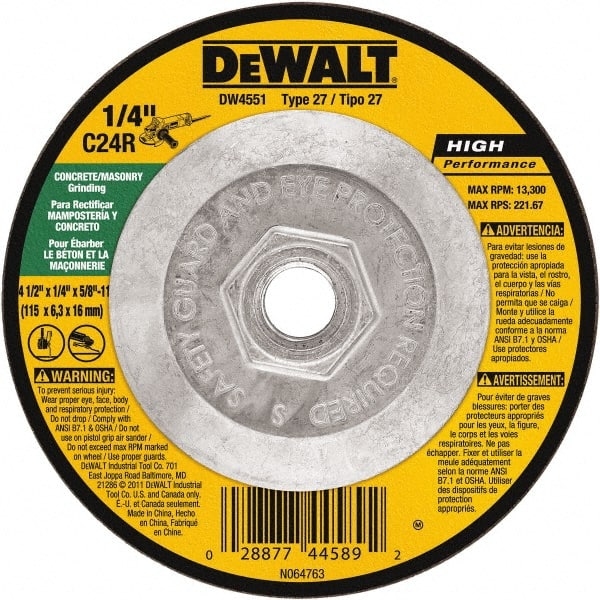 DeWALT - 24 Grit, 4-1/2" Wheel Diam, 1/4" Wheel Thickness, Type 27 Depressed Center Wheel - Silicon Carbide, Resinoid Bond, 13,300 Max RPM - Exact Tooling